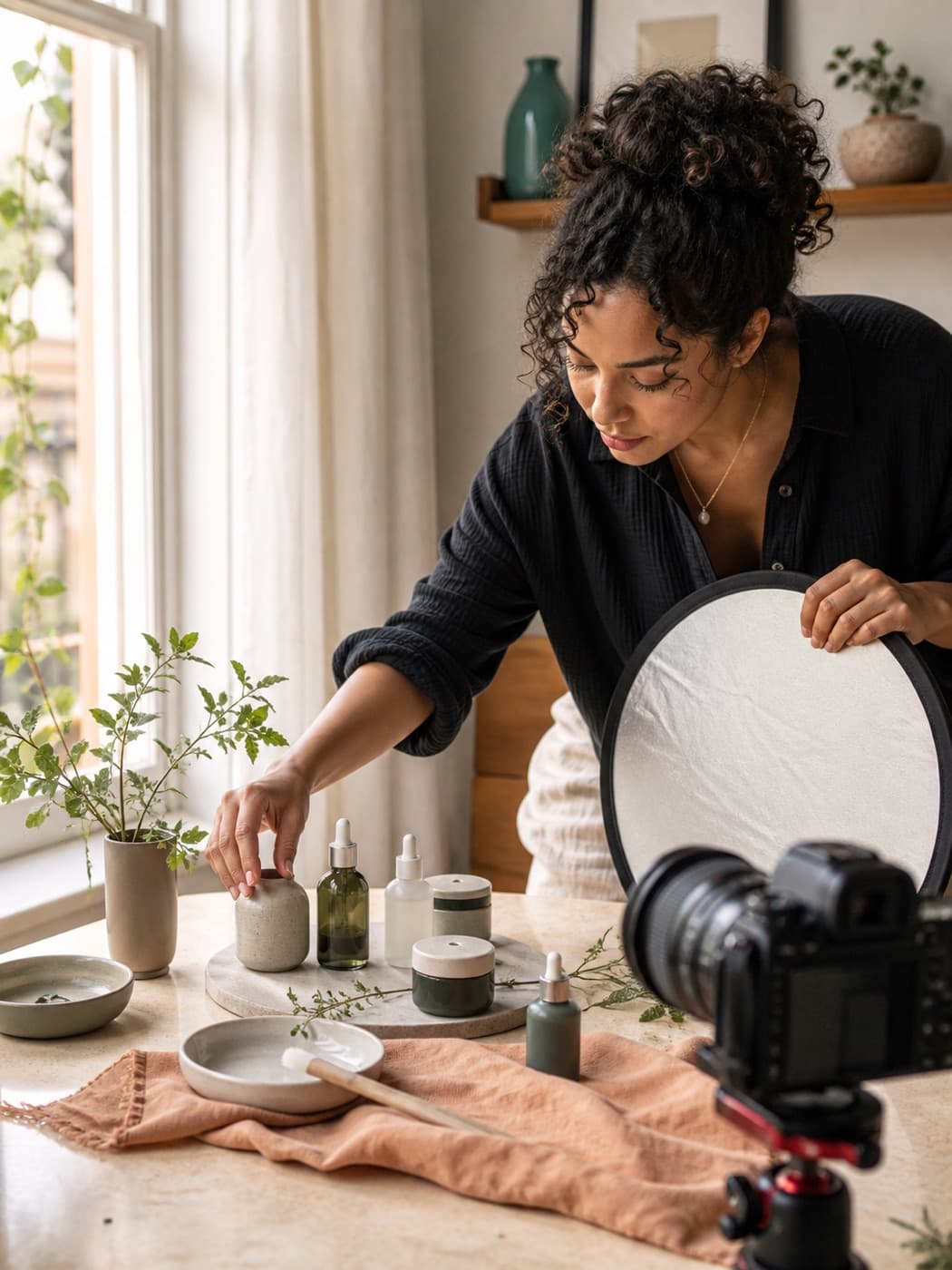 A creator styling an independent product shoot