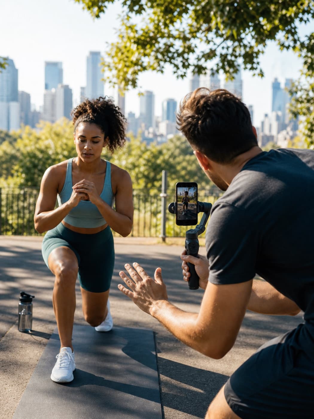 A creator filming an outdoor fitness session